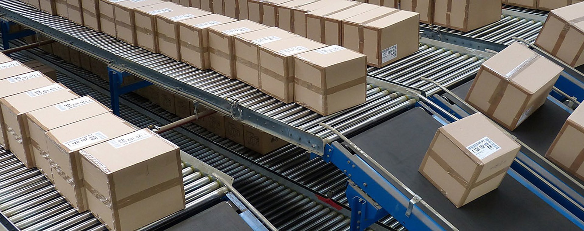 Rebell roller conveyor carrying cartons on a packing line